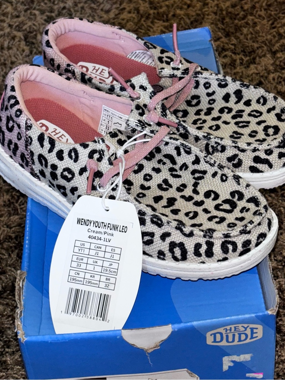 Hey Dude Wendy Youth Funk Leo Cream Pink Leopard Print Size 1 NIB